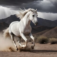 Obraz premium White Horse Running in Desert Landscape Under Dramatic Sky