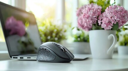 Modern workspace with laptop, wireless mouse, and flowers