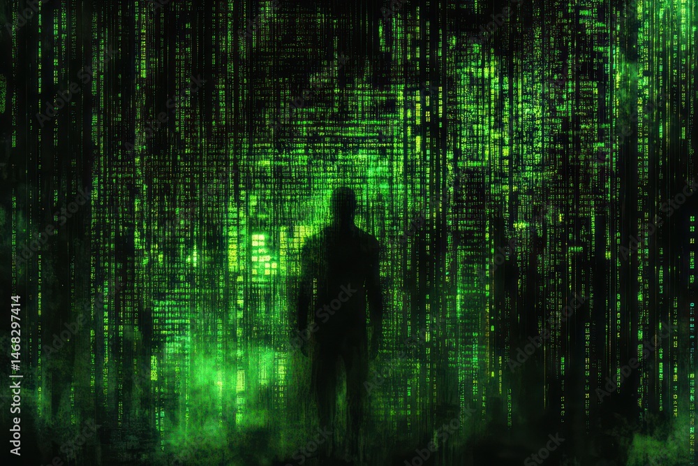 Poster silhouette of a person standing amidst cascading green digital code with a mysterious and futuristic