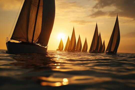 Silhouetted sailboats gracefully navigate the golden sunset waters, creating a breathtaking scene.