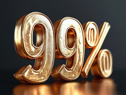 Close-up of shiny golden 3D number and percentage symbol 99% on reflective surface with dark background