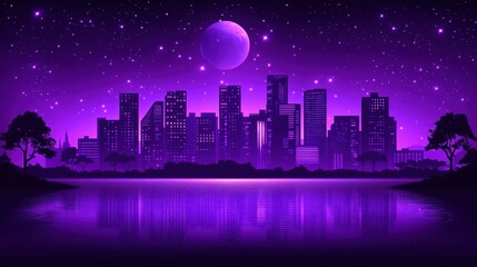 Fototapeta premium Pixelated purple cityscape against a starry night sky and reflected water evokes nostalgia and serene futuristic landscapes