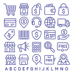 E commerce icons, shopping symbols, payment methods, delivery services, and customer support