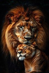 Fototapeta premium Close-up of a majestic adult lion gently nuzzling a calm lioness showing affection in a dark natural setting