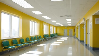 Obraz premium Empty Hospital Corridor with Yellow Walls and Green Chairs
