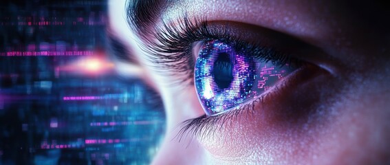 Close-up of a human eye reflecting digital blue and purple code and data, symbolizing technology and futuristic vision