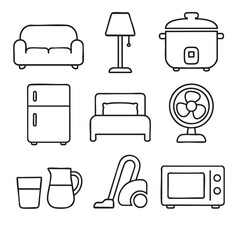 Collection of household items including sofa lamp slow cooker refrigerator bed fan glasses