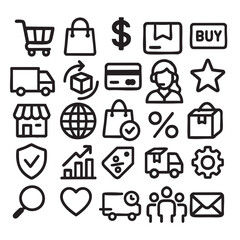 E commerce icons including shopping cart, dollar sign, package, and delivery symbols evoke sense