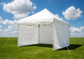White event tent set up on green grass, suitable for markets, festivals, trade shows, and outdoor celebrations