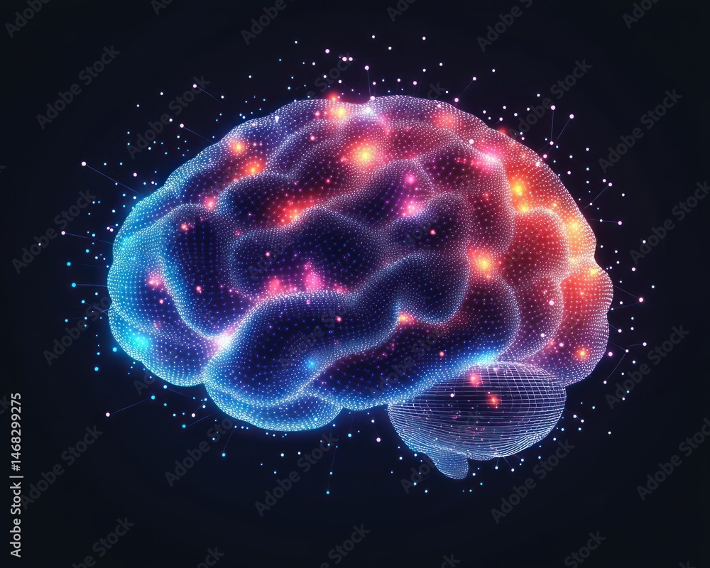Poster digital visualization of a human brain with glowing neural connections and vibrant blue and red ligh