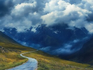 Winding mountain road through green grassy hills under dramatic cloudy sky with dark towering mountain peaks partly covered in snow and mist