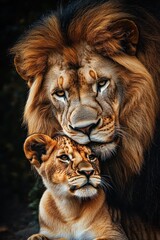 Fototapeta premium Close-up of a majestic adult male lion gently nuzzling a young lion cub, displaying a protective and tender bond against a dark background