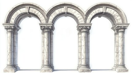 Three ancient marble arches with ornate Corinthian columns repeated in a row against a white background
