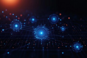 Glowing blue digital network nodes connected by lines on a dark futuristic grid with bright orange light in the background
