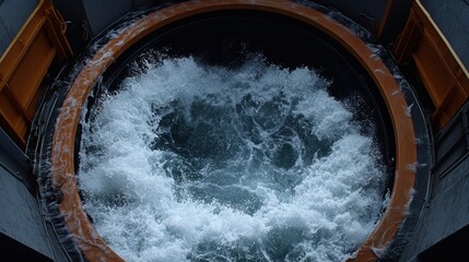 Large, circular, industrial-grade water tank with turbulent splashing water