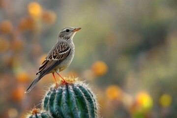 small brown and white bird perched on top of a round green cactus with orange spines in a natural outdoor setting with blurred background