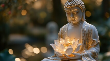 Enlightened stillness, luminous buddha in serene meditation garden