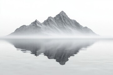 Misty mountain reflected in calm water, serene and peaceful landscape.