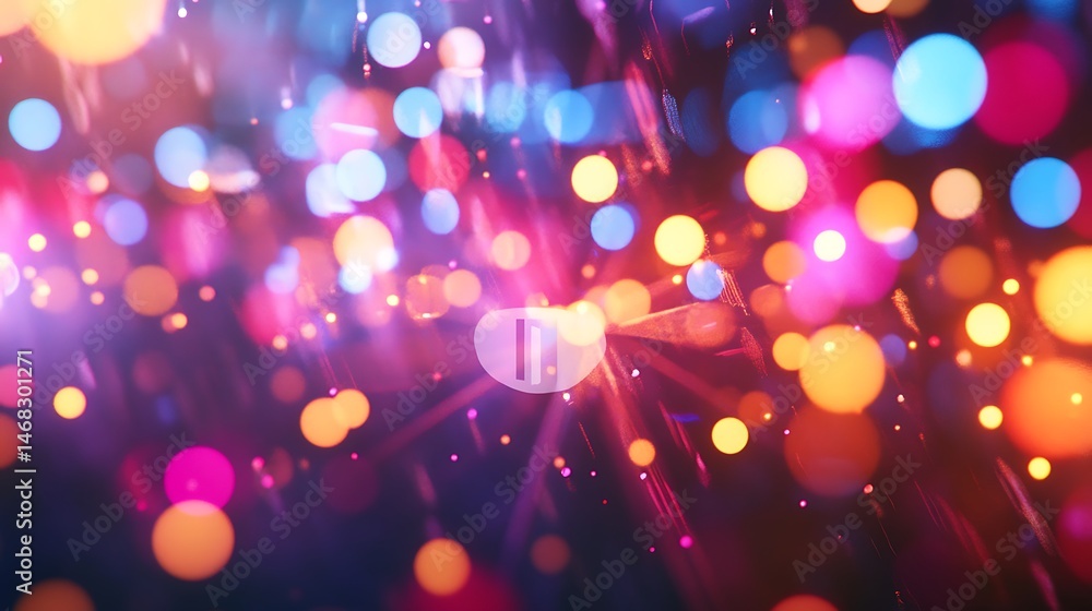 Poster Luminous Circles Bokeh with Color Spots and Pause Icon Overlay for Creative Backdrop