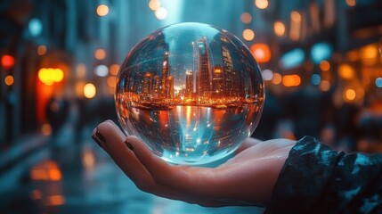 Hand holding a transparent crystal ball reflecting inverted city skyline with bright lights and blurred urban background at night