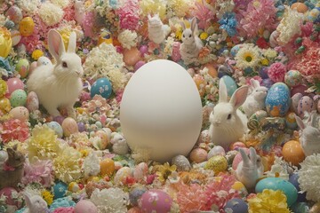 A vibrant arrangement of easter eggs, flowers, and bunnies.