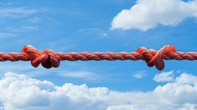 A knotted rope stretches across a vibrant blue sky.