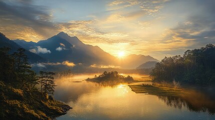 Obraz premium Sunrise over a misty mountain lake surrounded by dense forest and reflecting golden light on calm water