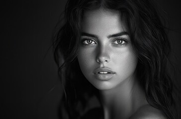 Fototapeta premium Close-up black and white portrait of a young woman with expressive eyes, slightly parted lips, and wavy hair, evoking a calm and intense mood