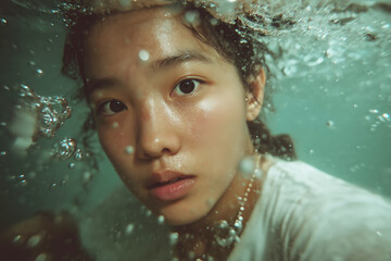 Young Asian woman submerged underwater, with bubbles surrounding her face, showcasing a serene expression and glistening skin, capturing the beauty of underwater photography