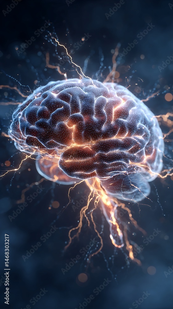 Poster three-dimensional rendering of human brain with energy streams