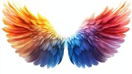 Obraz premium Brightly colored large wings with gradient feathers in shades of orange, yellow, blue, and purple displayed against a white background conveying beauty and lightness