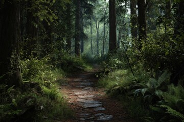 Fototapeta premium Mysterious forest path. Stone path winding through lush green forest. Tranquil and serene nature scene.