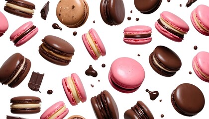 Fototapeta premium Flying Macarons with Chocolate Drizzle