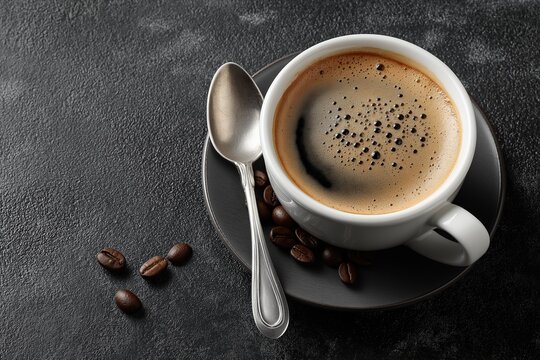 Freshly brewed coffee in a white cup on a dark surface, accompanied by coffee beans and a silver spoon, creating a cozy and inviting atmosphere for coffee lovers
