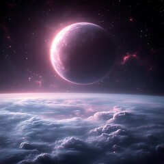 Pink planet rising over a cloudy landscape, cosmic scene