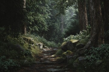 Mysterious forest path winding through lush green foliage and moss-covered rocks.