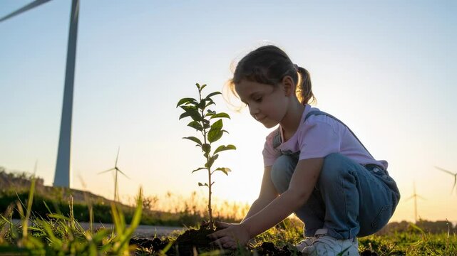 Child planting small tree with wind turbines in background, environmental stewardship, clean energy future theme