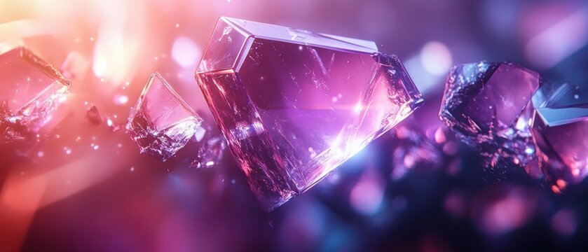 Close-up of glowing purple and pink geometric crystals with reflective surfaces floating in a soft blurred background emitting a magical sparkling atmosphere