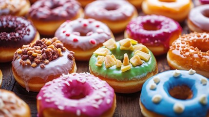 Colorful and Delicious Assortment of Gourmet Donuts on Display