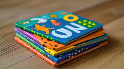 Colorful children's book stack on wooden surface, playful educational resource
