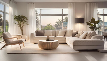 A tranquil living room basked in sunset glow, showcasing sleek, modern furnishings. Generative AI.