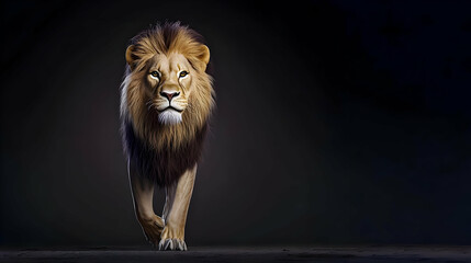 Fototapeta premium Powerful Lion Walking In Dark Studio Setting