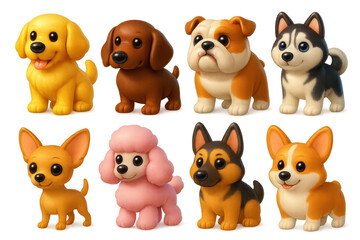 Adorable dog icons set – labrador, dachshund, bulldog, husky, chihuahua, poodle, german shepherd, corgi. 3D icon set