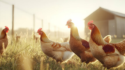 Brown Chickens On Farmland at Sunrise