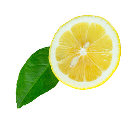Front view of ripe yellow lemon fruit in slice in one circle with green leaf isolated in png file...