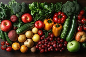Fresh assortment of colorful vegetables and fruits including broccoli, spinach, cucumbers, bell peppers, apples, tomatoes, grapes, potatoes, oranges, and pears arranged on a dark wooden surface