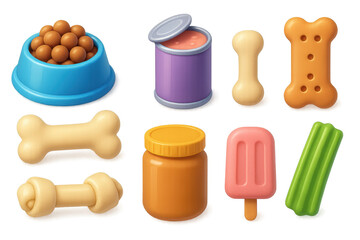 Y2k dog treats icons set – bowl, canned food, bone, biscuit, jar, popsicle, stick. 3D icon set