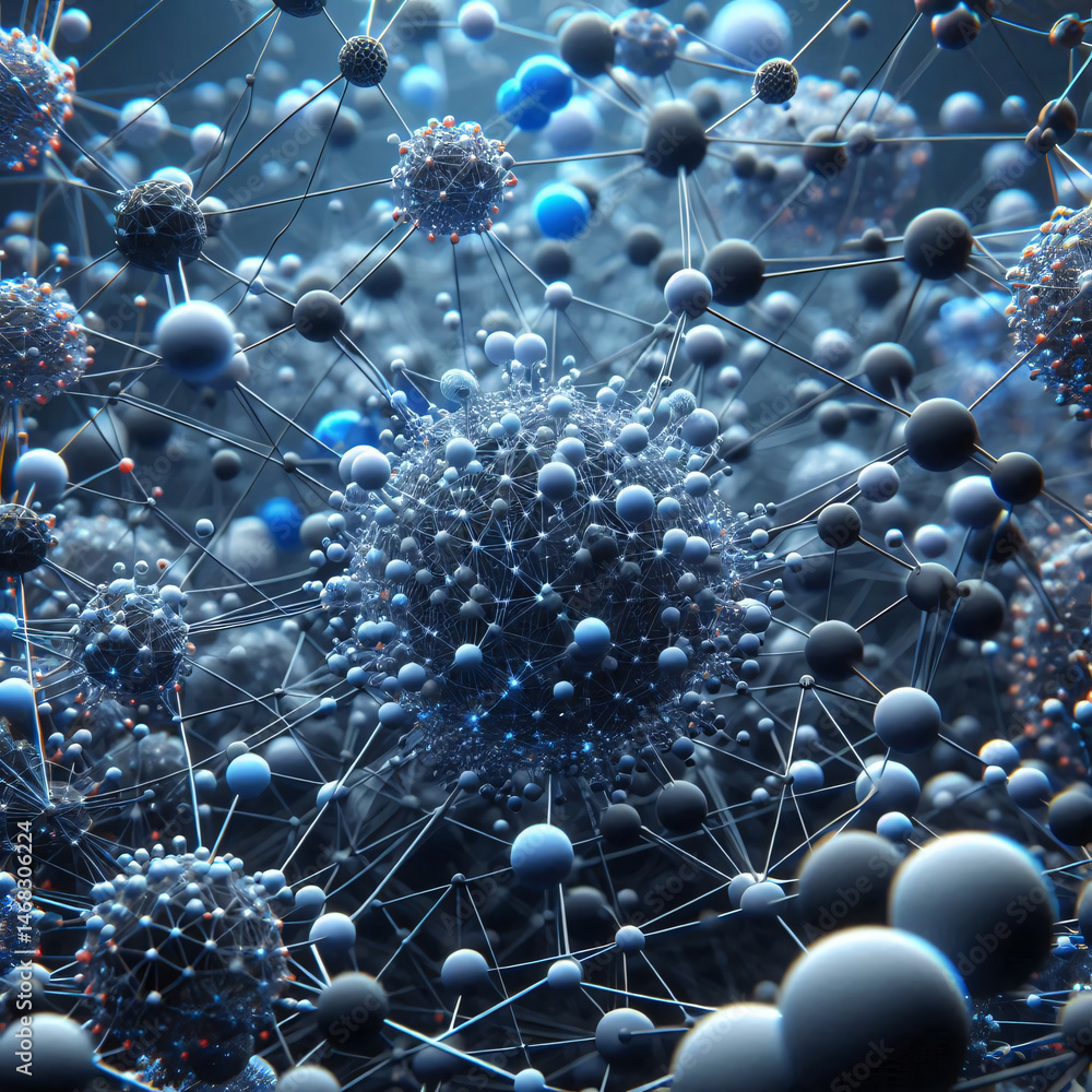 Poster intricate network of interconnected spheres forming a complex, spherical structure. generative ai