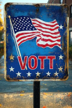 rusty metal sign with American flag and the word 'VOTT' surrounded by stars against an outdoor urban background