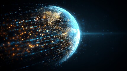 stylized glowing Earth transforming into binary code particles, concept of digital transformation